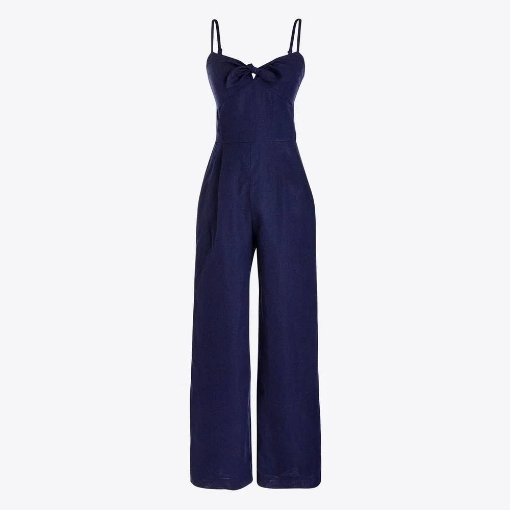 J.Crew Tie-Front Jumpsuit Linen Cotton Wide Leg Nautical Coastal Vacation Summer
